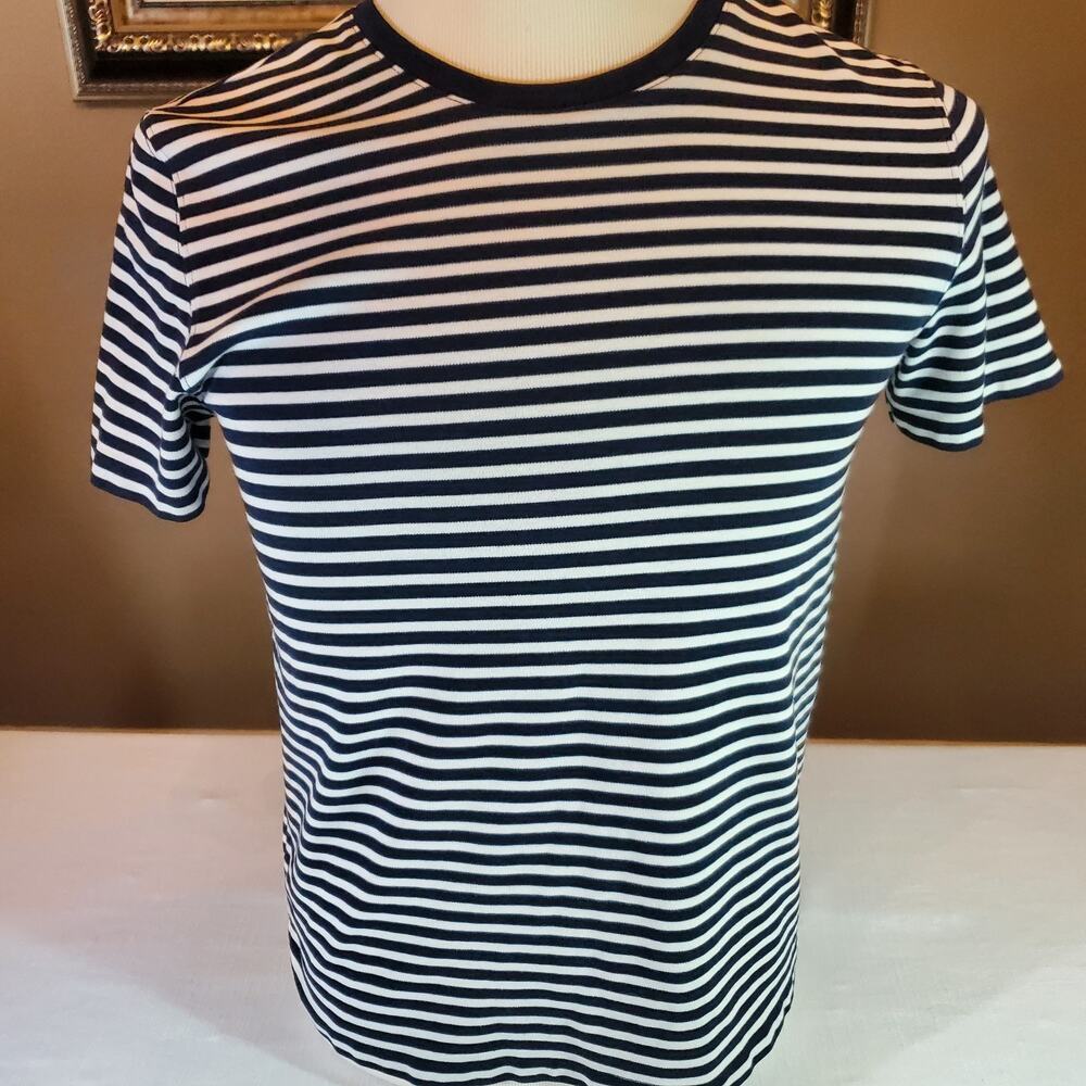 Karen Scott Womens Medium M Navy Blue White Striped Short Sleeve Shirt Top Tee